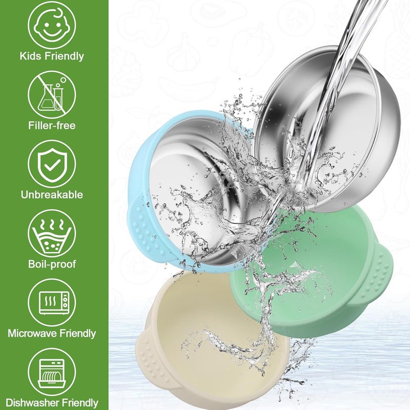 BUSOHA 3 Pack Stainless Steel Baby Bowls with Lid – 2-in-1 Toddler Feeding Bowl Heat-Resistant Spill-Proof Plate Suction Bowls for Kids Baby Toddler Food Feeding - Image 4